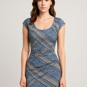 Le Chateau Ruched Blue Gray Midi Dress